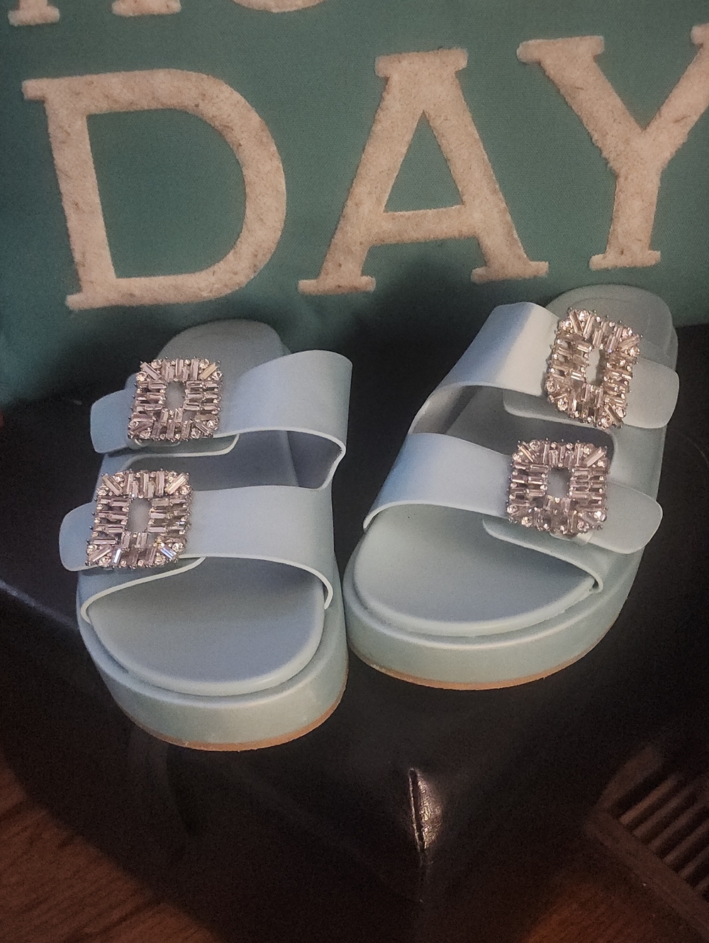 ShuShop Light Blue Crystal Buckle Slide Sandals - Women